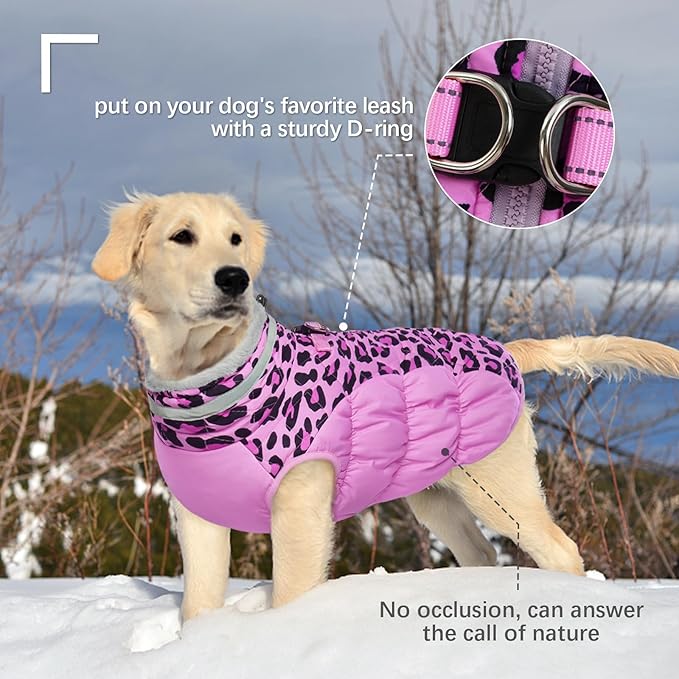 FUAMEY Dog Coat for Large Dogs,Waterproof Dog Winter Jacket with Harness Built in Puppy Cold Weather Coats Reflective Pet Vest with Zipper Warm Fleece Dogs Snowsuit Windproof Pink Leopard XXL
