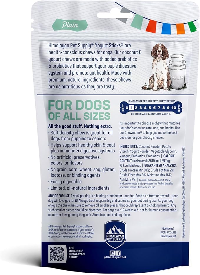 Himalayan Dog Chew Yogurt Sticks, Plain Flavored, Dog Treats With Prebiotics, Probiotics & Protein, Digestive Support, Lactose & Gluten Free, Natural Dog Treat for All Breeds, Made in America, 5 Count