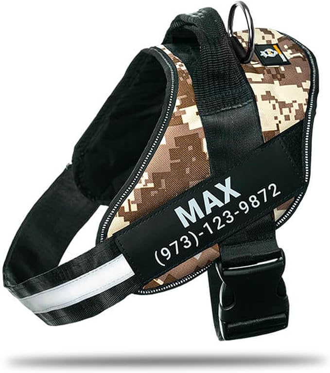 Personalized No-Pull Dog Harness with Name Patch, Adjustable, Reflective, Padded, Heavy Duty Pet Vest to Prevent Tugging, Pulling, or Choking, Training and Walking, Military Desert, L