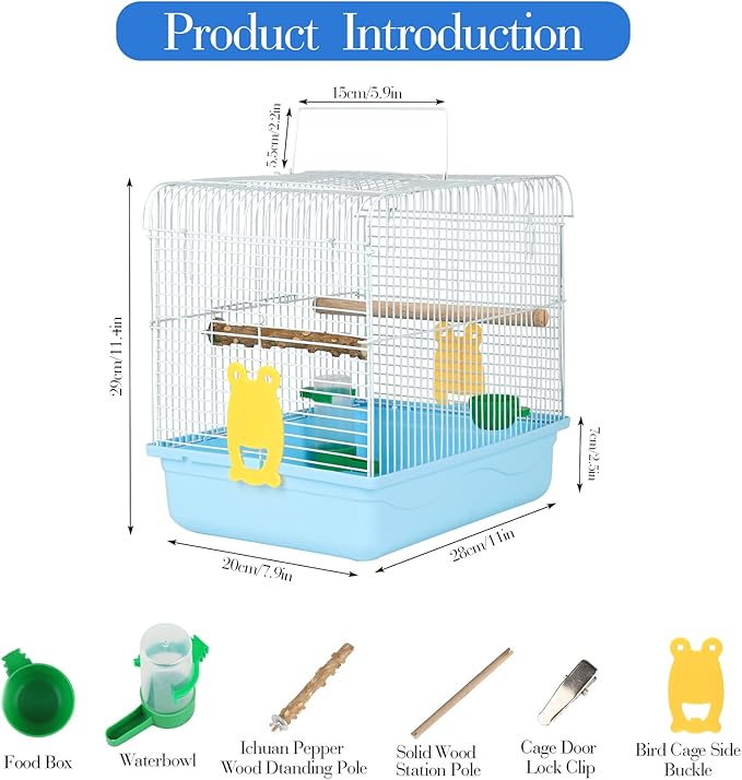 Small Bird Cage, Lightweight for Parakeets, Hanging for Parrot, Travel for Cockatiel, Outdoor Budgie, Pet Products Flat Top Economy Small Animal Cage with Stand Accessories with White Wire, Blue
