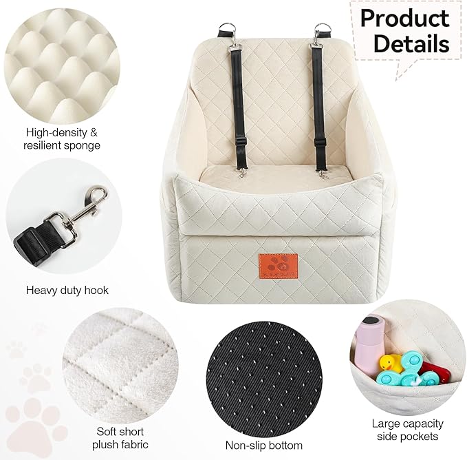 Dog Car Seat for Small/Medium Dogs, Dog Booster Car Seats with Thick Cushion for Dogs Under 35lbs, Detachable Washable Pet Carseat with Storage Pockets, 2 Safety Belts(Beige)