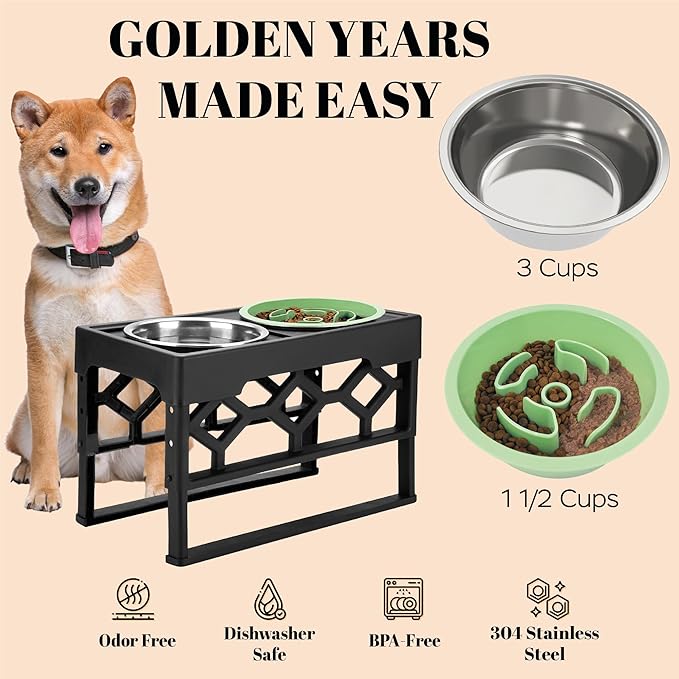 AVERYDAY Small Slow Feeder Dog Bowls Elevated, 4 Height Adjustable Raised Dog Bowl Stand with Stainless Steel Food and Water Bowl, Tall Dogs Feeding Station with Anti-Slip for Small Medium Breeds Dogs