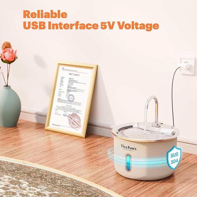 Viva Paws Cat Water Fountain Stainless Steel – Ultra-Quiet Automatic Drinking Fountain for Cats, 2.2L Indoor Pet Fountain with 4-Stage Filtration for Fresh & Clean Water