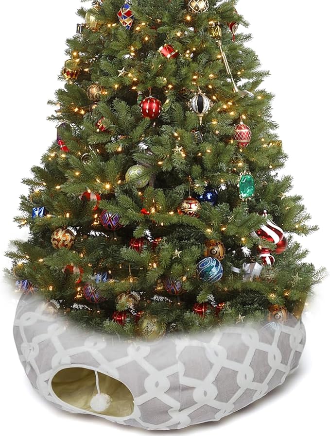 LUCKITTY Large Cat Tunnel Bed Under Christmas Tree with Fluffy Toy Balls, Small Cushion and Flexible Design- 10 inch Diameter, 3 ft Length- Great for Cats, and Small Dogs, Gray Geometric Figure