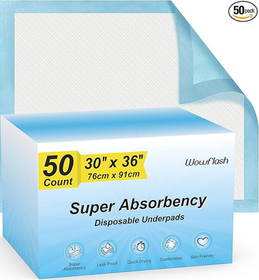 50 Count 30” x 36” Super Absorbency Disposable Underpads, Leakproof Quick Drying, Baby Puppy & Adults Bed Pads Disposable Adults, Dog Pee Pads Extra Large, XXL Incontinence Pads