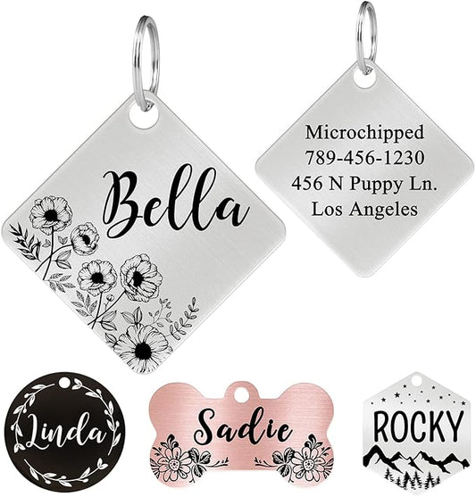 Ultra Joys Stainless Steel Pet ID Tags - Personalized Front and Back Engraving, Customized Dog and Cat Tags, Optional Engraved on Both Sides, Diamond Flower Silver Large