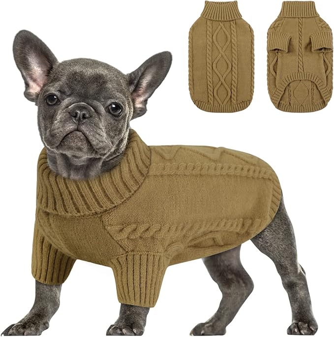 Queenmore Small Dog Pullover Sweater, Cold Weather Cable Knitwear, Classic Turtleneck Thick Warm Clothes for Chihuahua, Bulldog, Dachshund, Pug (Light Brown, Large)