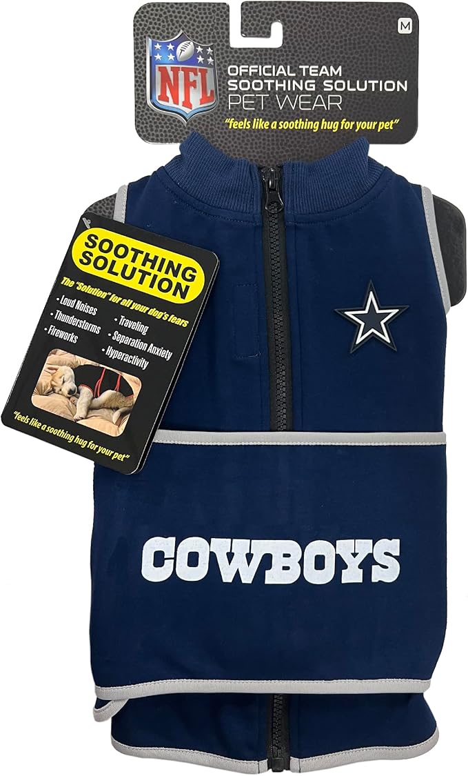 NFL Dallas Cowboys Dog Anxiety Shirt Calming Soothing Solution Vest, for Dogs & Cats with Anxiety, Fears, Fireworks, Loud Noises, Dark, Lonely Keeps Dogs Calm & Feeling Safe, Relaxing Jacket, Medium