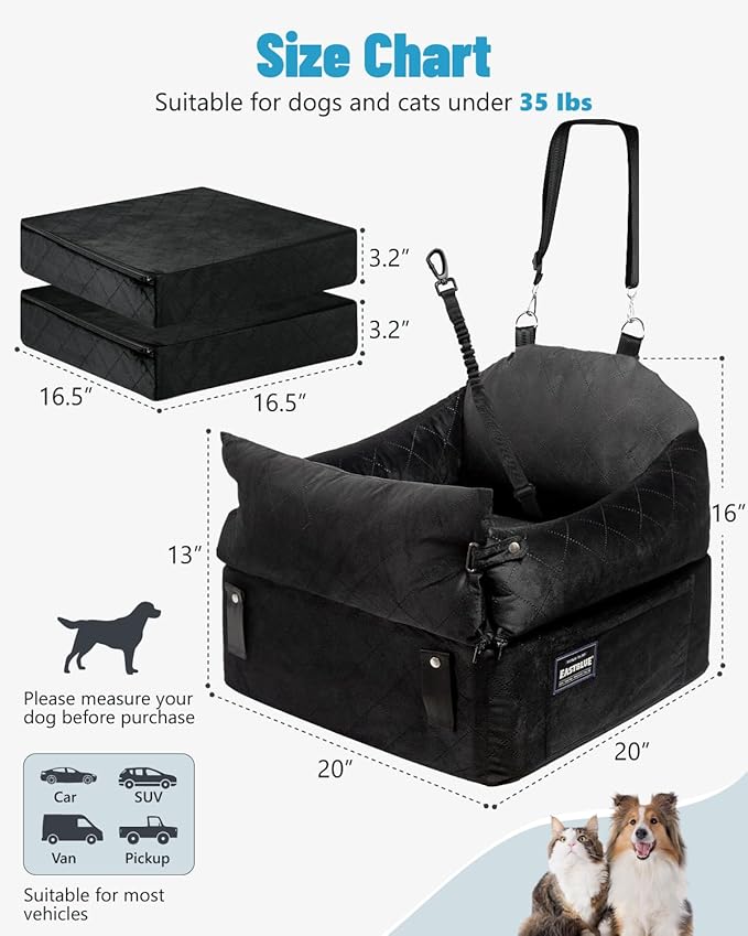 EASTBLUE Dog Car Seat for Small Medium Dogs Up to 35 lbs, Memory Foam Dog Booster Car Seat with Seatbelt, Detachable Washable Pet Carseat for Puppy & Cat, Dogs Travel Bed for Cars (Black)
