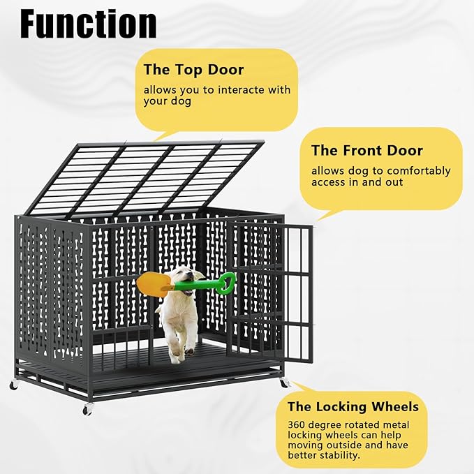 LEMBERI 48/42/38 inch Indestructible Heavy Duty Dog Crate, High Anxiety Extra Large Dog Cage for Large Dogs, XL Steel Escape Proof Dog Kennel with Wheels and Removable Tray