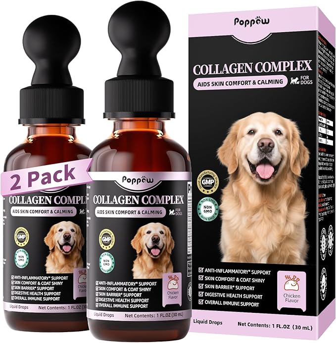 Liquid Collagen for Dogs Skin Comfort & Calming, Dog Itch Relief & Anti-Scratching & Coat Supplement with Biotin for Skin Barrier & Sensitive Immune Health Support - Chicken Flavor, 2 FL.Oz