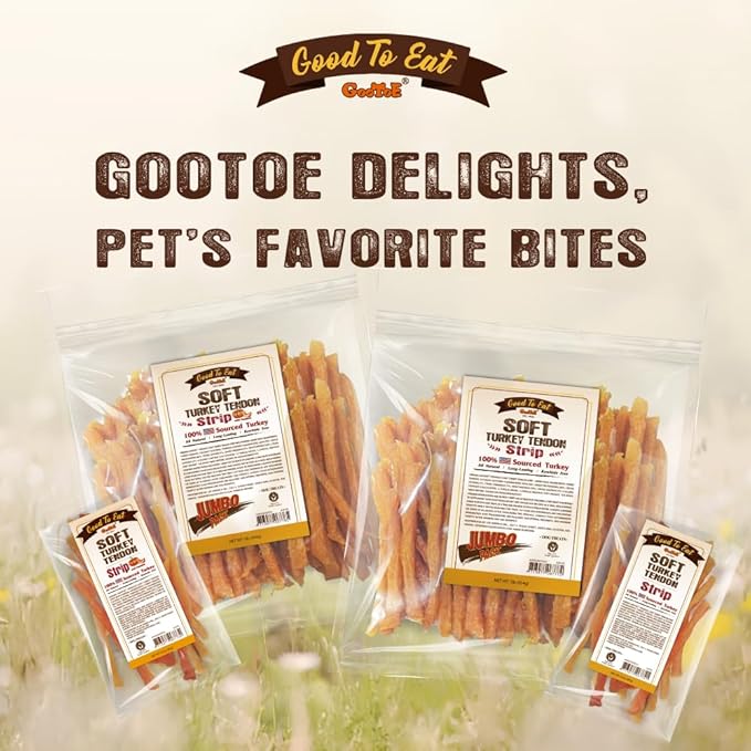 Gootoe Soft Turkey Tendon Stirip 3oz, Natural Chewy Snack, USA-Sourced Turkey Tendon, Premium Training Chews, Hypoallergenic, Reseal Value Bags, Ideal for Small & Senior Dogs