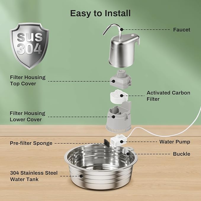 Cat Water Fountain, 4L/135OZ Stainless Steel Pet Fountain with 6 Filters & 6 Sponges Dog Water Dispenser, Dog Water Bowl Cat Drinking Fountains Watering Supplies with Ultra-Quiet Pump for Pets Indoor