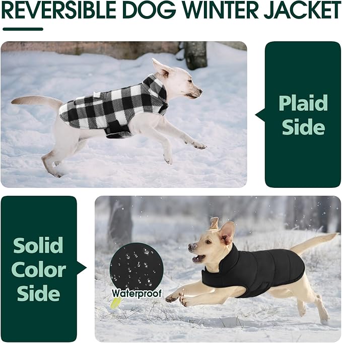 Kuoser Dog Winter Coat, Windproof Dog Fleece Jacket British Style Plaid Cold Weather Doggie Vest Coats, Reversible Cozy Warm Pet Clothes Apparel for Large Size Dogs XL