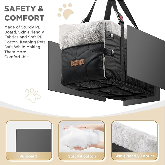 Center Console Dog Car Seat for Small Dogs,PU Leather Small Dog Car Booster Seat,Washable Foldable with Safe Protection Hooks Adjustable Straps and Storage Pocket Pet Up to 15lbs-Black