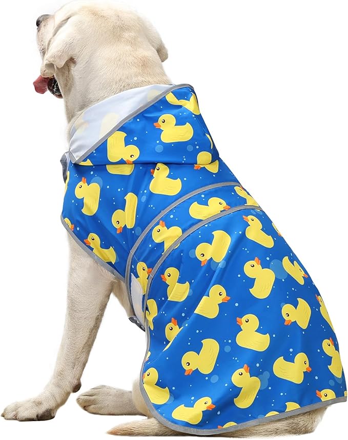 Dog Rain Coat for Large Dogs Waterproof Hooded Rain Jacket with Reflective Strips Leash Hole & Poncho Adjustable Fit (ShinyDuck,XL)