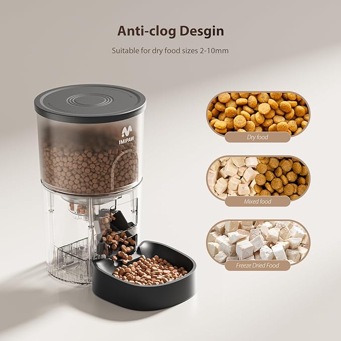 IMIPAW Automatic Cat Feeder, 5G WiFi Food Dispenser with APP Remote Control, Pet Dry Food Smart Feeder, Programmable Timed Feeding, Dual Power Supply, 1-10 Meals, Desiccant Bag, Stainless Steel Bowl