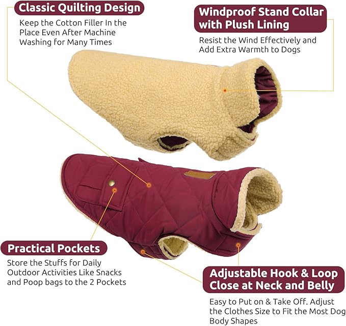 Queenmore Dog Winter Coat Warm Puffer Jacket Waterproof Plush Lining Thermal Cold Weather Vest for Small Medium Large Dogs, Windproof Easy On Pet Jacket Burgundy XL