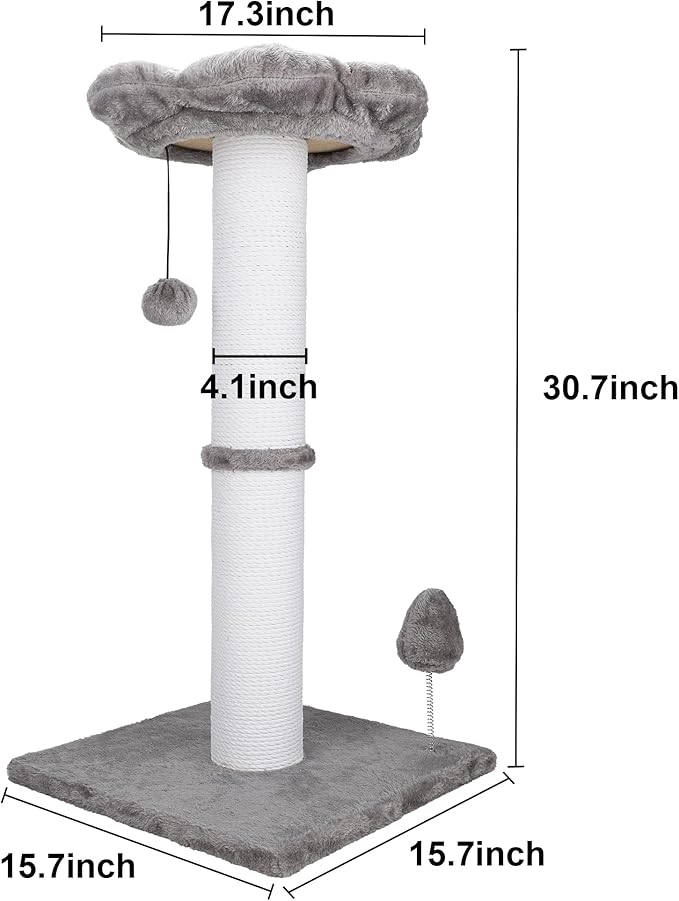 Cat Scratching Post 30 Inches Heavy Duty and Thicker Cat Scratching Post Sisal Rope with Hanging Ball and Flower Cat Perch for Indoor Cats and Adult(Grey)