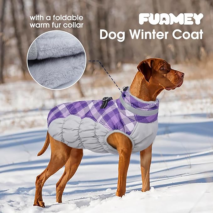 FUAMEY Dog Coat for Large Dogs,Waterproof Dog Winter Jacket with Harness Built in Puppy Cold Weather Coats Reflective Pet Vest with Zipper Warm Fleece Dogs Snowsuit Windproof Purple Plaid 2XL