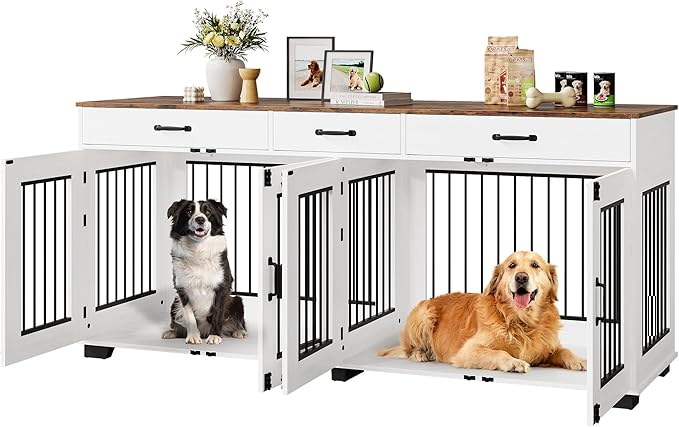 GarveeLife 71 in Dog Crate Furniture for 2 Rooms, Wooden Double Crate Large Breed with Door, Dog Kennel Indoor, TV Stand End Table with Divider for Large Medium Dogs,White/Brown