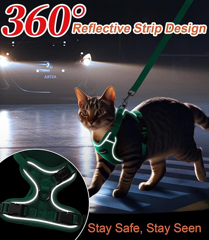 Cat Harness and Leash for Walking Escape Proof Soft Adjustable Cat Leash Breathable Comfortable Vest Easy to Wear Kitten Harness for Outdoor Travel Emerald S