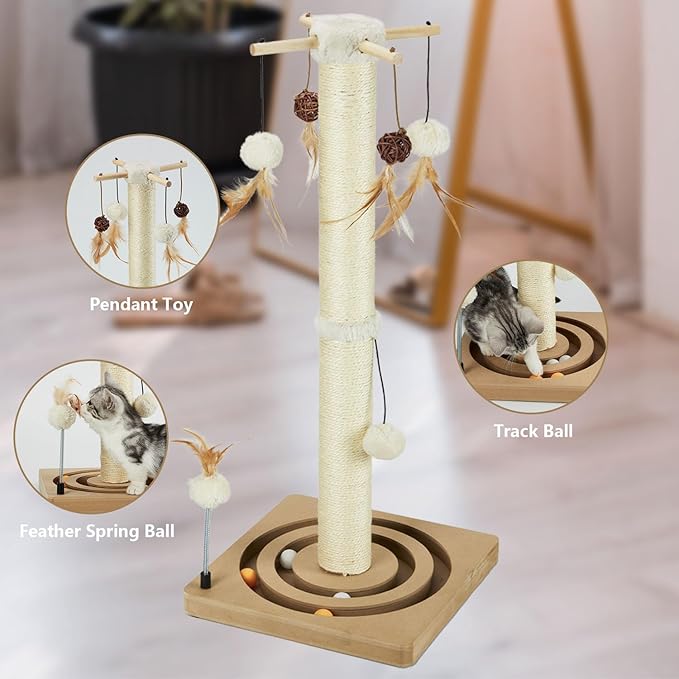 PEEKAB Cat Scratching Post Sisal Scratch Posts for Indoor Cats and Kittens with Tracking Ball Interactive Toys and Hanging Balls 30 Inches Beige