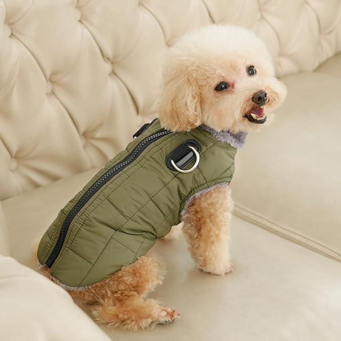 Warm Fleece Dog Coats with Durable Harness Buitl in D-Ring,Waterproof Puppy Jacket for Small Dogs,Dog Vest for Cold Winter,Green XS