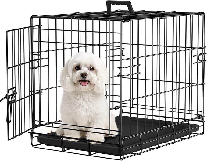 FDW Dog Crate for Small Dogs 18 Inch Folding Metal Wire Pet Cage Single Door W/Divider Panel Indoor Outdoor Kennel Leak-Proof Plastic Tray,Black