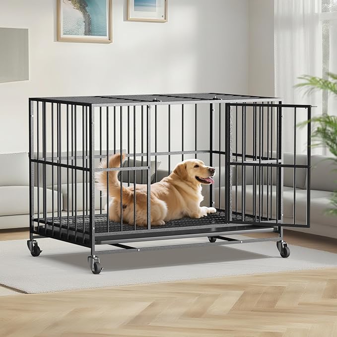 42 in Heavy Duty Dog Crate Steel Escape Proof, Indoor Double Doors and Lockable Wheels,Removable Tray, for Medium and Large Large Dog Breeds,XL