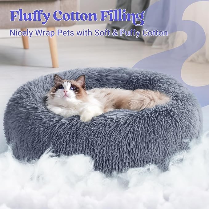 rabbitgoo Cat Beds for Indoor Cats, 20 inches Cat Bed Machine Washable, Fluffy Round Pet Bed Non-Slip, Calming Soft Plush Donut Cuddler Cushion Self Warming for Small Dogs Kittens, Dark Grey, Medium