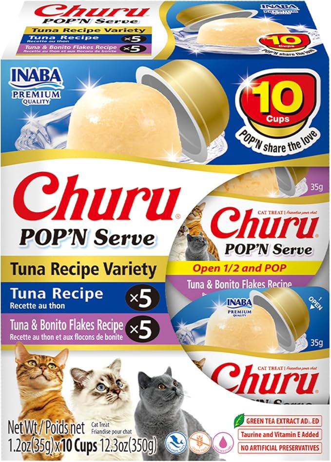 INABA Churu Pop'N Serve Jelly Cat Treat with Vitamin E & Taurine, 1.2 Ounce Cup, 10 Cups, Tuna Variety