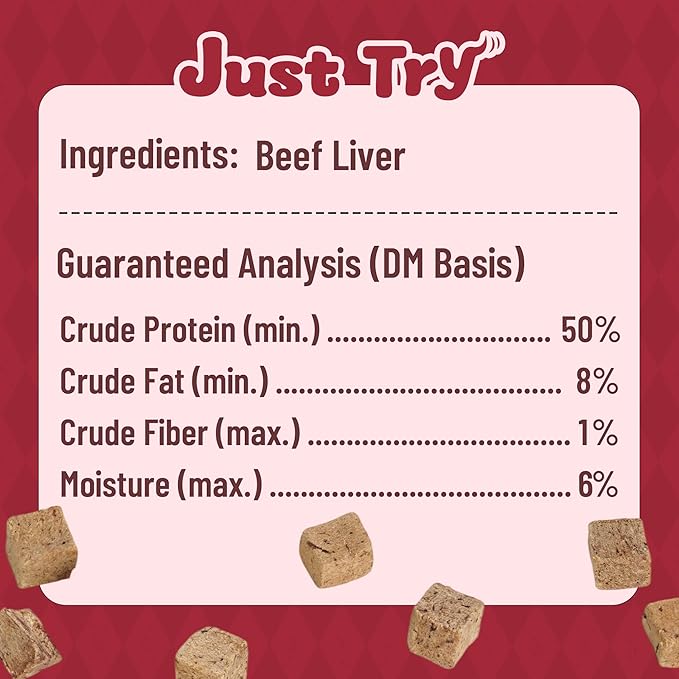 Just Try 8.82 oz Freeze Dried Beef Liver Raw Dog Treats & Cat Treats, Single Ingredient, Health Training Treats or Meal Food Topper, High Protein, Grain Free, Gluten Free, Rich in Iron & Vitamin A