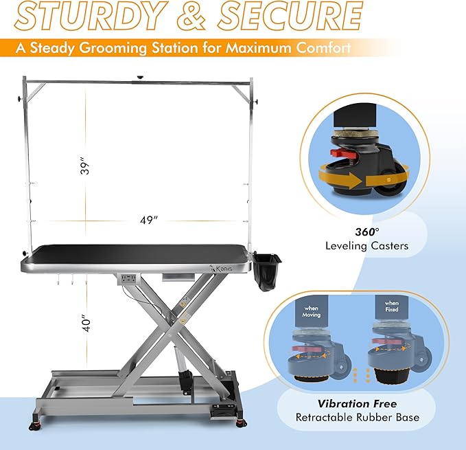 KANIS Professional Electric Dog Grooming Table - Heavy Duty, Height Adjustable Pet Grooming Table w/Leveling Wheels, Grooming Arm, Anti Slip Tabletop & Tool Organizer/Dog Grooming Station (49", Grey)