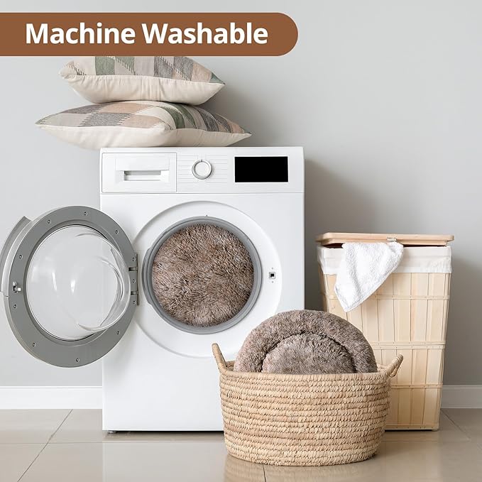 JOLLYVOGUE Medium Calming Dog Bed, Anti-Anxiety Donut Cuddler Cat Bed with Anti-Slip Bottom, Fluffy Faux Fur Machine Washable Pet Cushion for Medium Large Dog & Cat, 31"/Smoke Brown