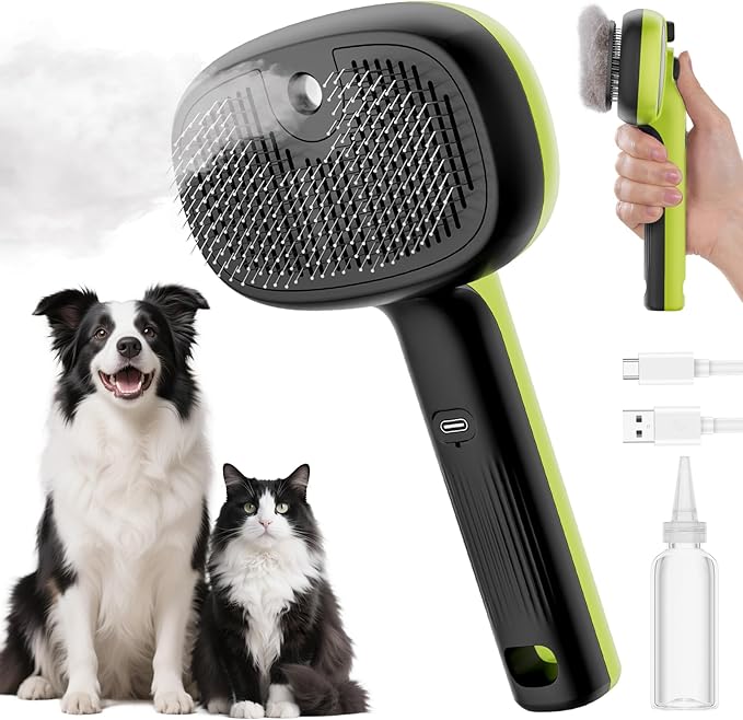 Pecute Cat Steam Brush, Self-Cleaning Steam Cat Brush with 2 Water Spray Modes, Large Capacity Tank, Steaming Renu Dog Brush for Shedding Massaging Grooming, Cool Mist Only