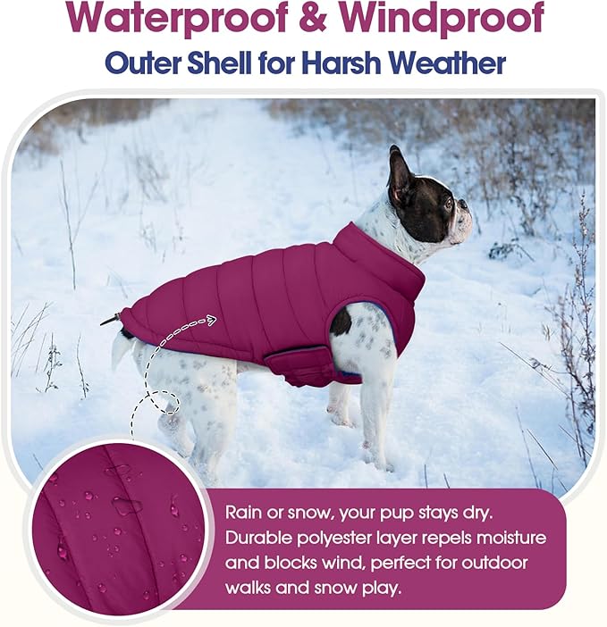 QBLEEV Reversible Dog Coat, Waterproof Winter Puffer Jacket with Leash Hole, Warm Dog Snow Gear for Medium Dogs Cold Weather, Adjustable French Bulldog Padded Vest for Outdoor Walks, Violet, L