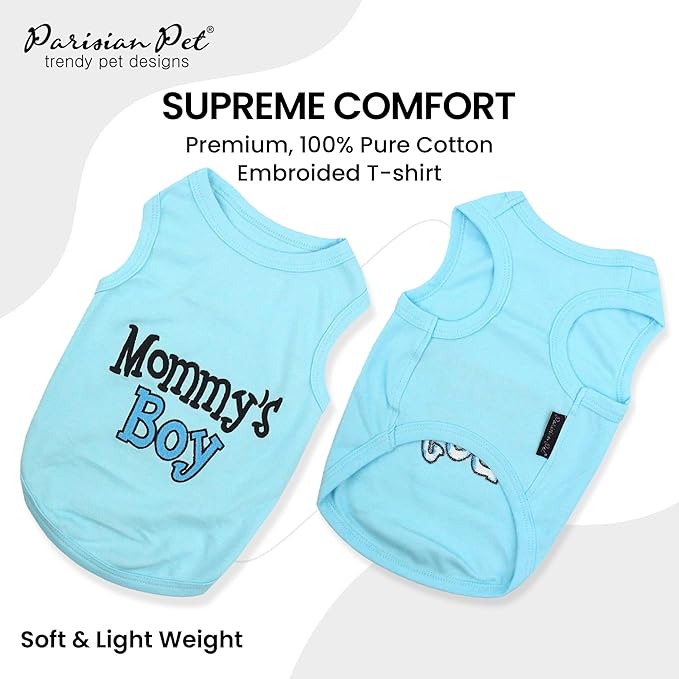 Parisian Pet Dog T-Shirt with Embroidered 'Mommy’s Boy' Words - 100% Cotton Boy Dogs Clothes - Breathable Mamas Boy Dog Shirt - Machine Washable Shirts for Small Dogs, S