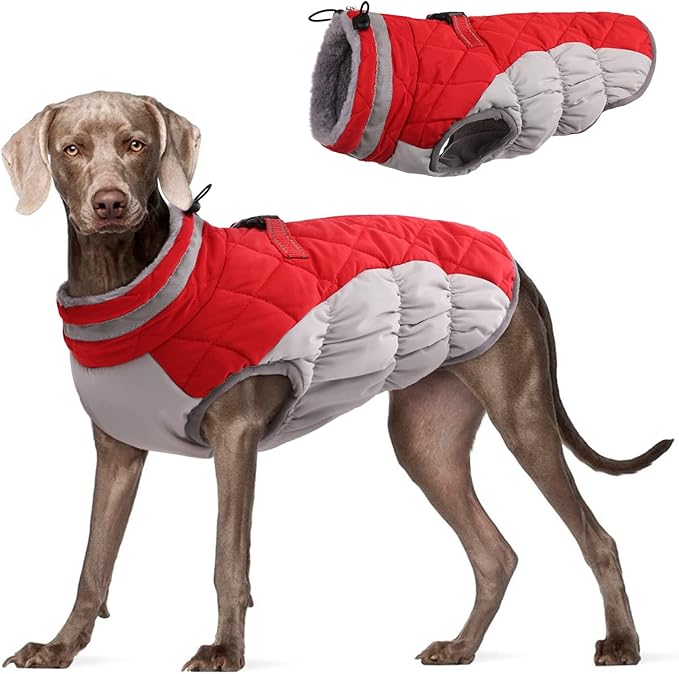 FUAMEY Dog Coat for Large Dogs,Waterproof Dog Winter Jacket with Harness Built in Puppy Cold Weather Coats Reflective Pet Vest with Zipper Warm Fleece Dogs Snowsuit Windproof Red XL