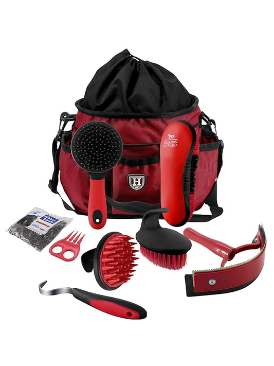 Harrison Howard Horse Grooming Brushes Kit 7 pieces with Organizer Tote Equine Care Series Horse Brush Sets Red