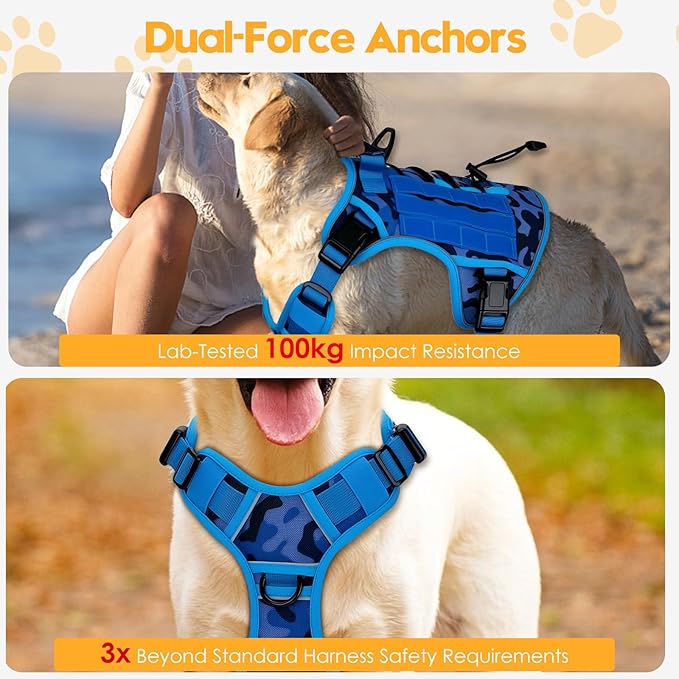 Heavy-Duty Tactical Dog Harness for Large Dogs, No Pull Adjustable Reflective Pet Vest with Molle System, K9 Military-Grade Control for Service Training, Outdoor & 10+ Breeds, Blue Camo, X-Large