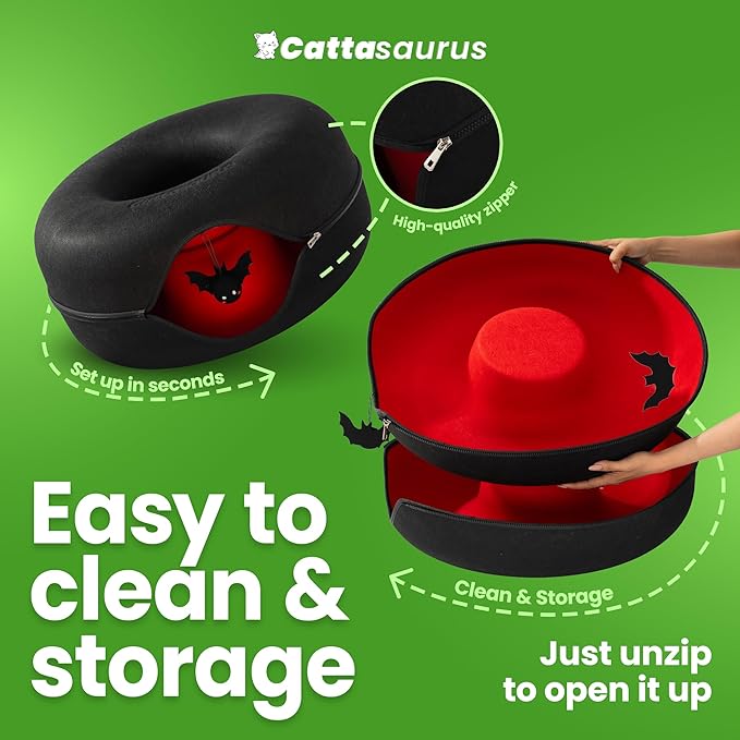 Cattasaurus Unique Gothic Peekaboo Cat Cave for Multiple & Large Cats Up to 30-45 Lbs, Scratch Detachable & Washable Tunnel Bed, Comfy Donut Cat Cave (Gothic Bat, Large)