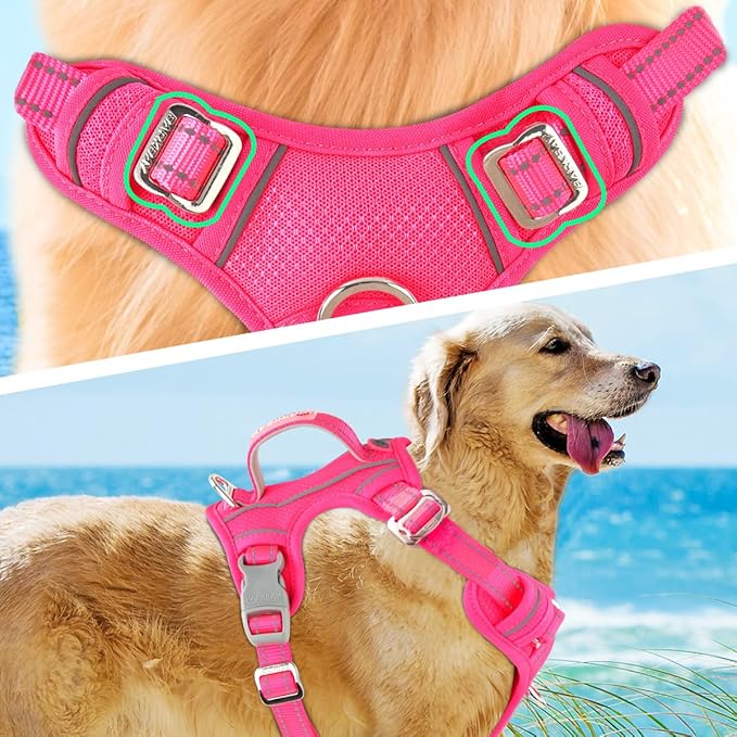 BARKBAY No Pull Dog Harness 3 Buckles Large Reflective Dog Harness with Front Clip and Easy Control Handle for Walking Training Running with ID tag Pocket(Pink,M)