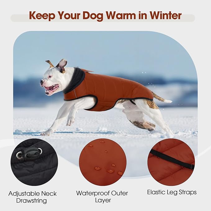 IDOMIK Dog Winter Coat, Warm Waterproof Dog Puffer Jacket with Harness Hole, Adjustable Reflective Snow Jacket Vest with Turtleneck, Pet Cold Weather Coats for Large Dogs,Caramel,3XL