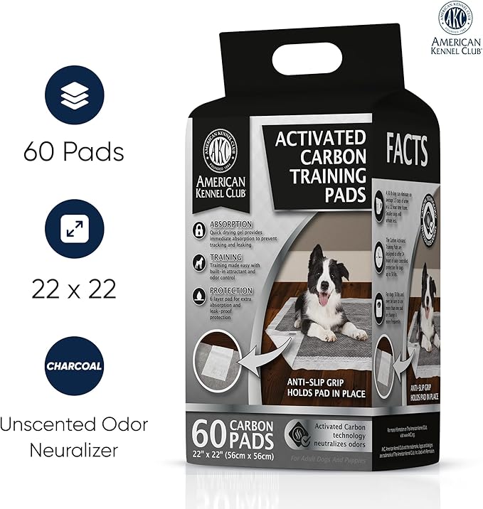 American Kennel Club Charcoal Puppy Training Pads, with Anti-Slip Adhesive Backing, Quick Dry Gel and Activated Carbon Odor Control (Charcoal, 22" x 22" - Pack of 60)