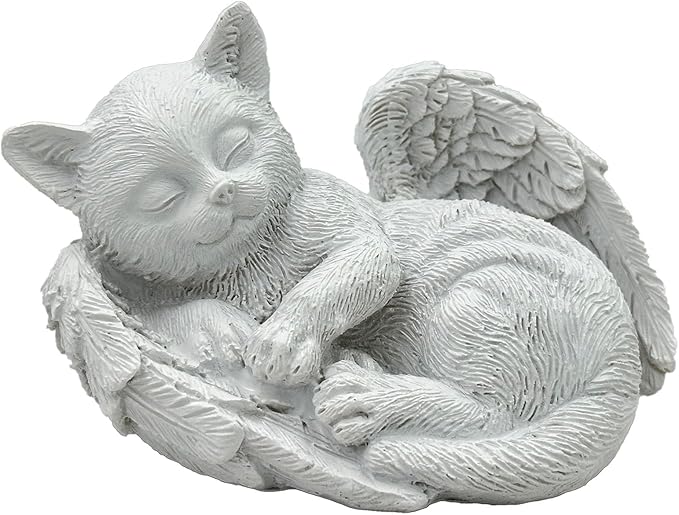 Small Cat Memorial Stone Commemorates Our Lost Fur Baby,Peaceful Sleeping Angel Statue for Garden,Indoor,Pet Grave Markers,and Loss of Cat Sympathy Gift (White, Small)