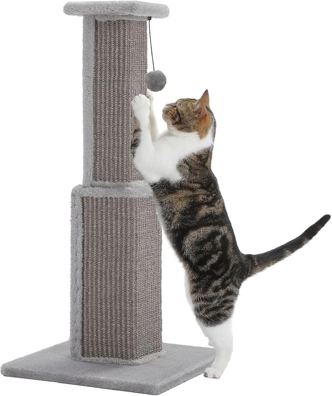 PAWZ Road Large Cat Scratching Post 32” Tall Scratching Post for Indoor Cats Adults Ultimate Scratch Post with Woven Sisal, Large Base and Removable Dangling Ball- Grey