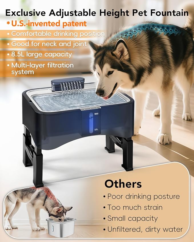 UPSKY 2.25Gal Elevated Dog Water Fountain, 4 Heights Adjustable Pet Fountain for All Dog Sizes, 304 Stainless Steel Tray Indoor Drinking Dispenser with Ultra-Quiet Pump & 4 Replacement Filters Blue