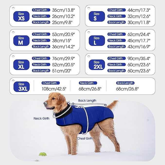 IDOMIK Dog Winter Coat, Warm Waterproof Dog Puffer Jacket with Harness Hole, Adjustable Reflective Snow Jacket Vest with Turtleneck, Pet Cold Weather Coats for Large Dogs,Blue,2XL