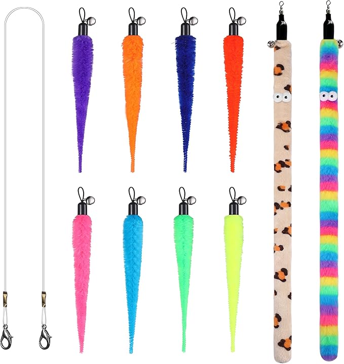 Cat Wand Toy Set, 11 Pcs Including Worm & Snake Refills, Wand Replacement Rope, for Bored Indoor Adult Cats & Kittens